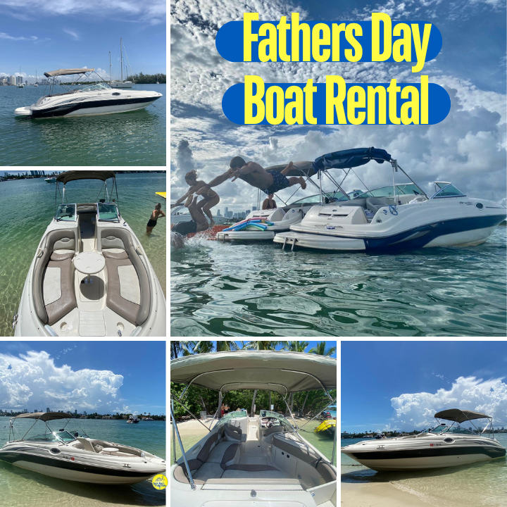 Collage of boats on water, with 'Fathers Day Boat Rental' text overlay.