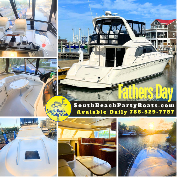 Collage of a luxury boat interior, exterior, and contact info for Fathers Day.