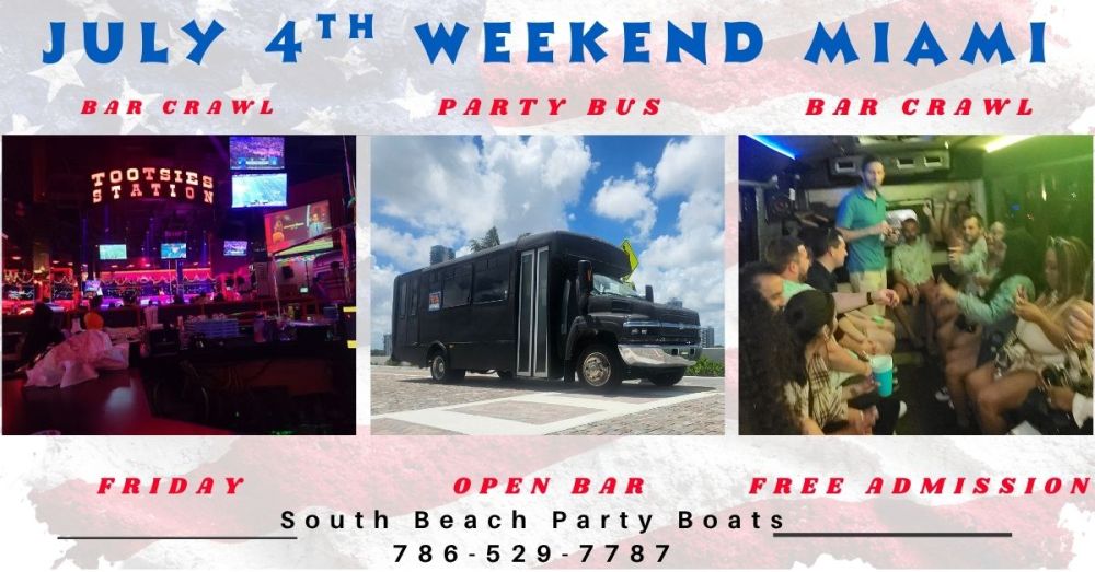 Collage of party scenes and a party bus for July 4th weekend in Miami FOURTH OF JULY