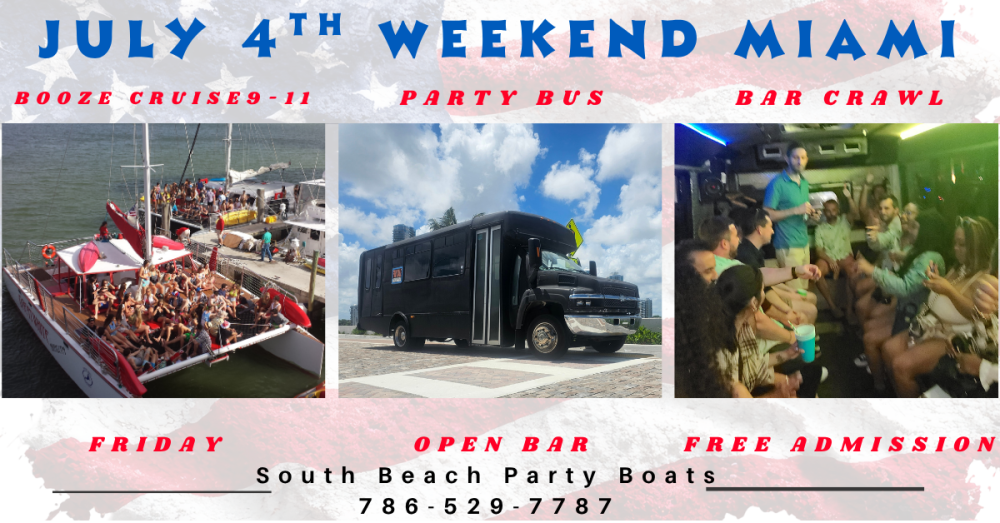 Collage of July 4th party events: boat cruise, party bus, bar crawl.