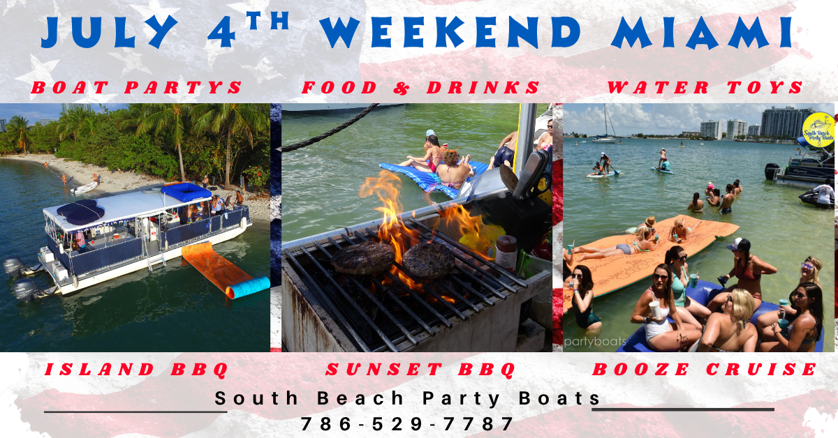 Banner for July 4th Miami with boat parties, BBQ, and water activities images.