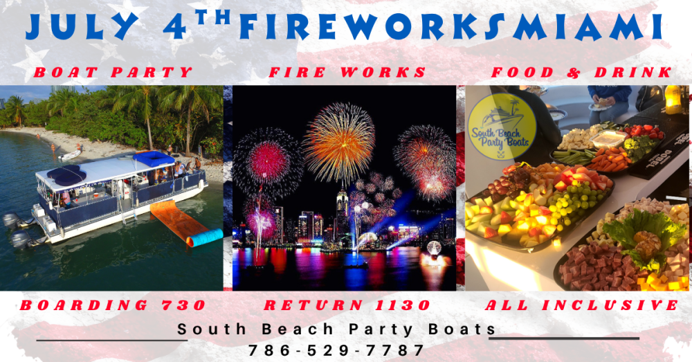 July 4th event flyer with images of a boat party, fireworks, and food.