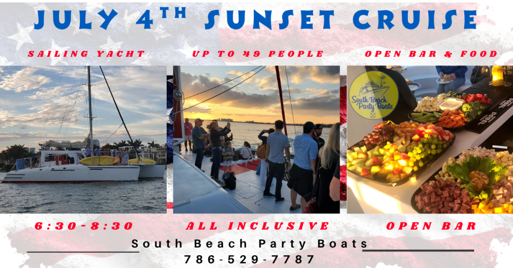 July 4th Sunset Cruise ad with yacht and food images.
