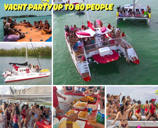 Collage: yacht party with people, food, and boats on water.