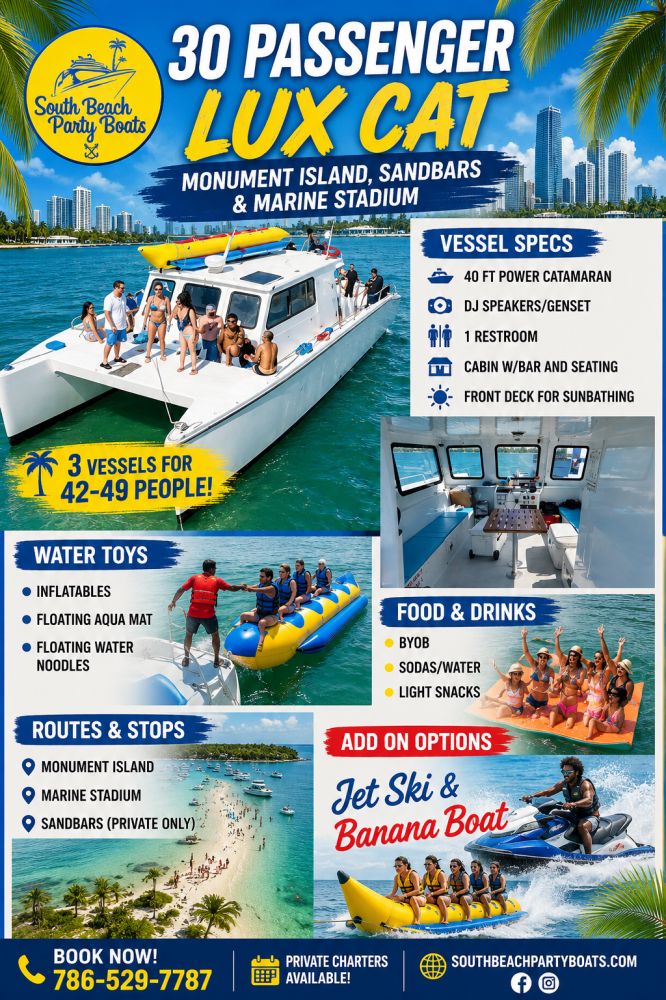 Event flyer for catamaran tours in Miami with boat image and details on activities and contact info.