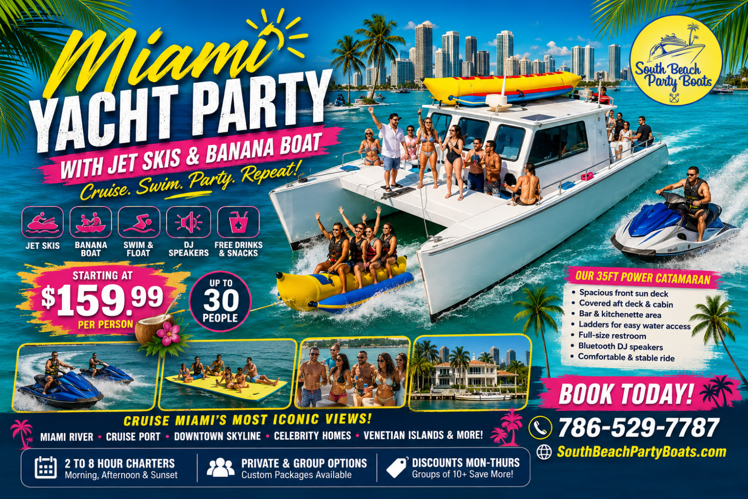 Miami Yacht Party ad with people on a boat, jet skis, and banana boat, featuring party details and contact info.