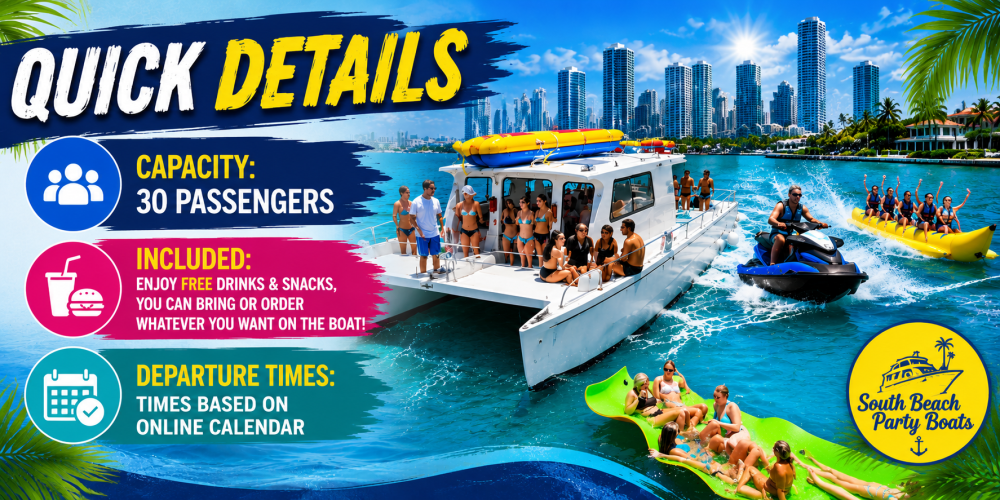 Party boat with people, jet ski, banana boat on tropical water, city skyline in background, text overlay.