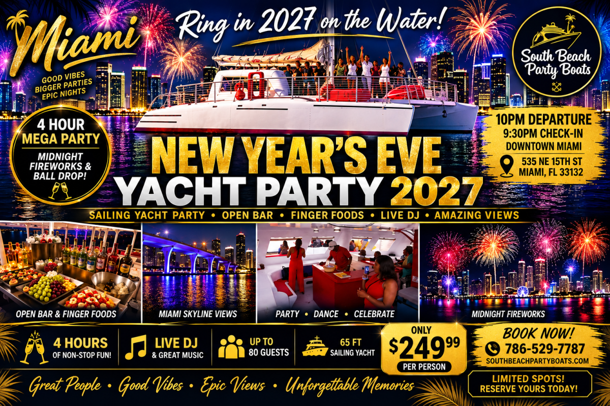Advertisement for Miami New Year's Eve Yacht Party 2027 with images of people dancing and a yacht.