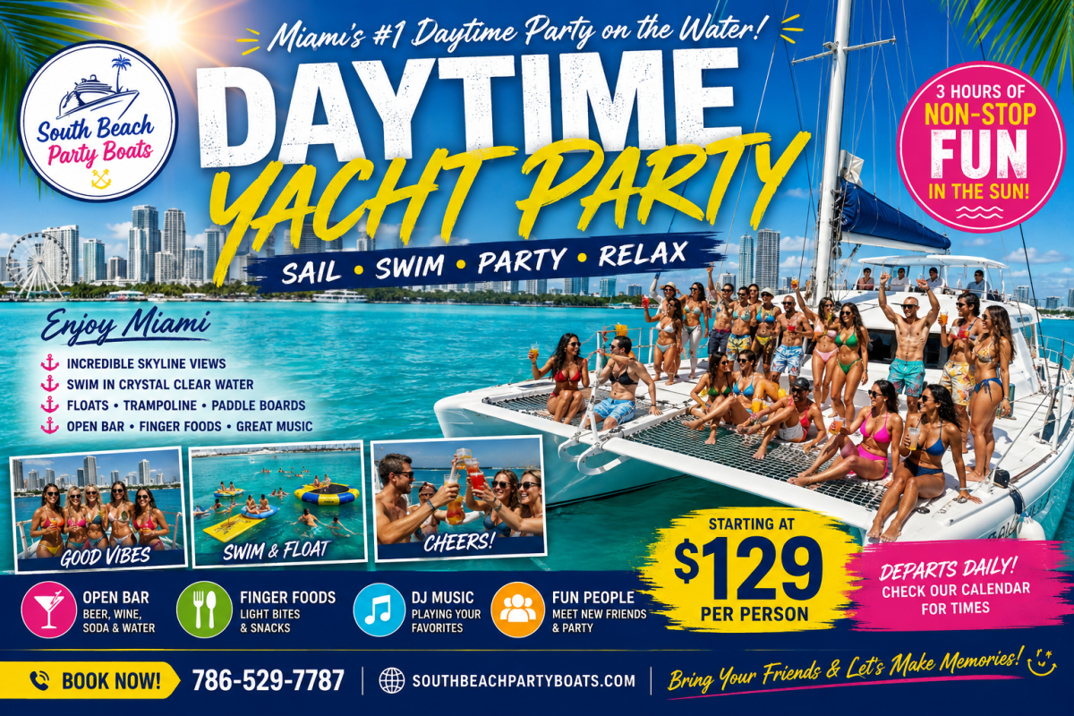People partying on a yacht, with vibrant text promoting Miami daytime yacht parties.