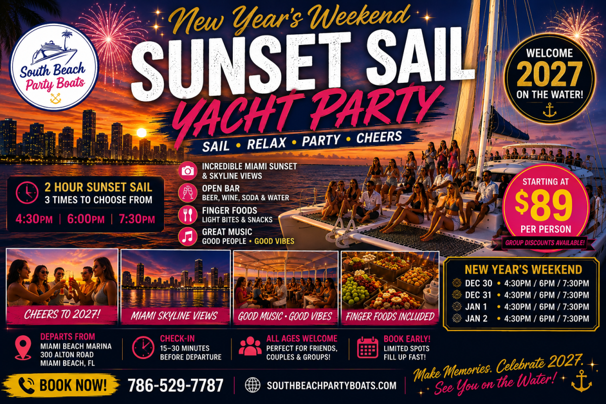 New Year’s sunset sail yacht party ad, skyline view, $89 per person, phone and website details included.