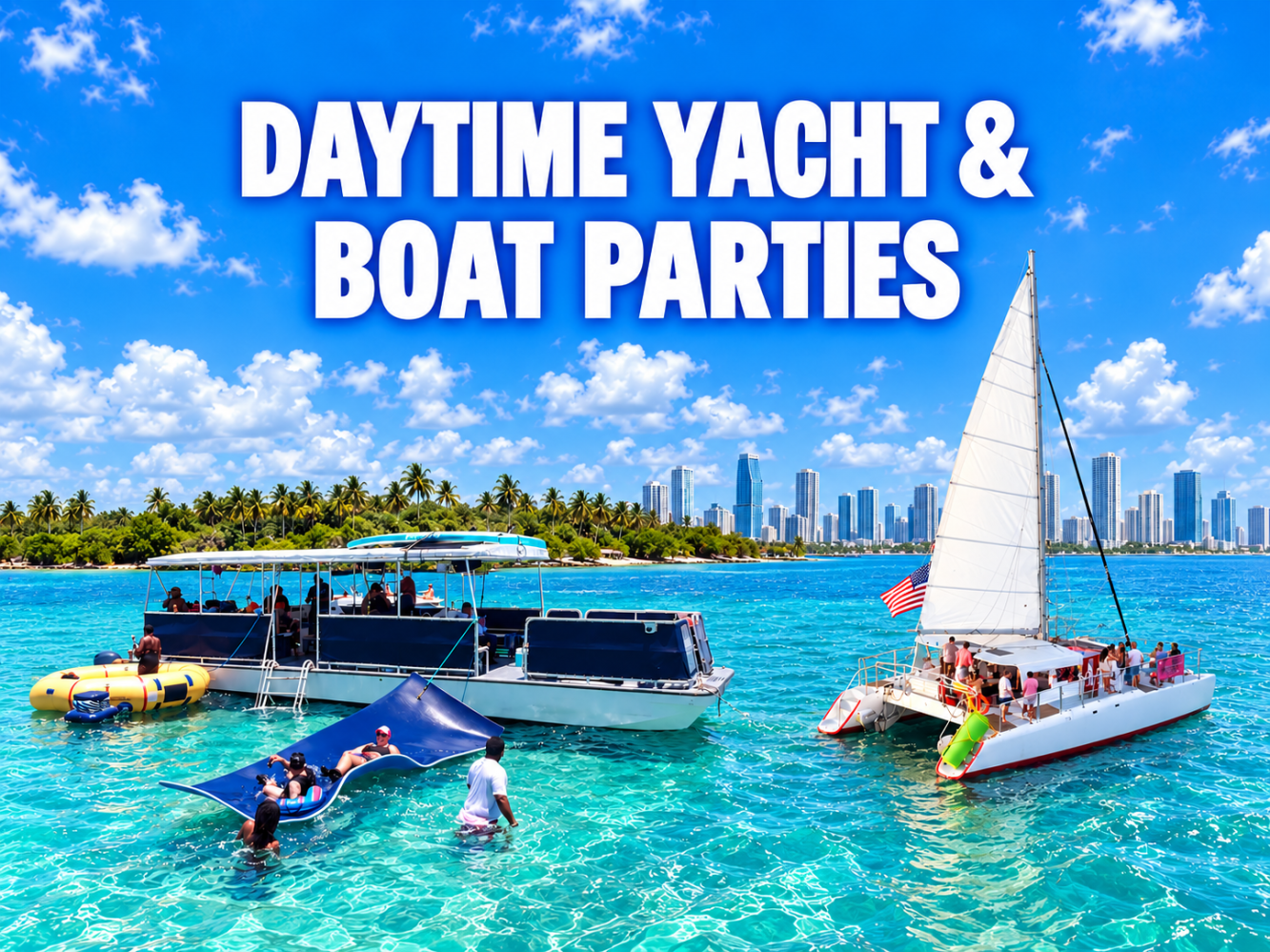 Boats on clear blue water with city skyline and text: Daytime Yacht & Boat Parties.