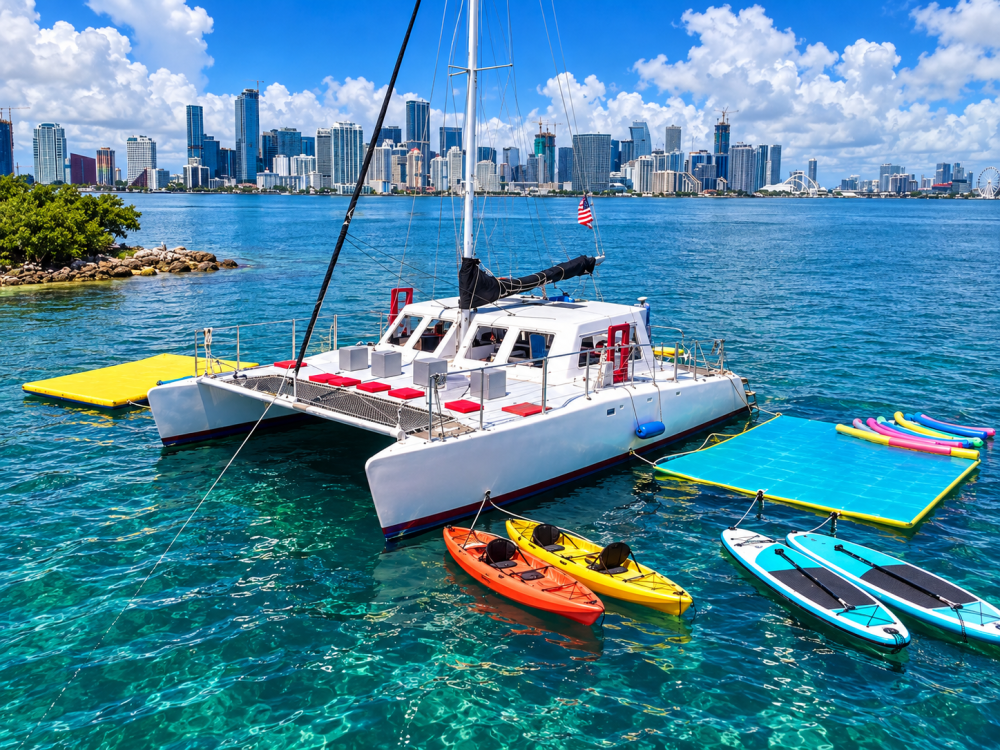 Catamaran with kayaks and paddleboards near a city skyline.