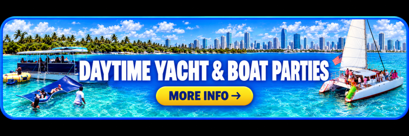 Daytime yacht and boat parties ad with city skyline and people on boats.