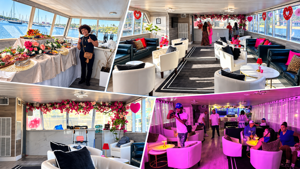 Four images of a boat interior decorated with flowers and balloons, featuring people inside.