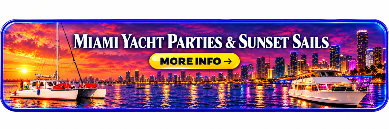Yachts on water with city skyline at sunset, text: Miami Yacht Parties & Sunset Sails.