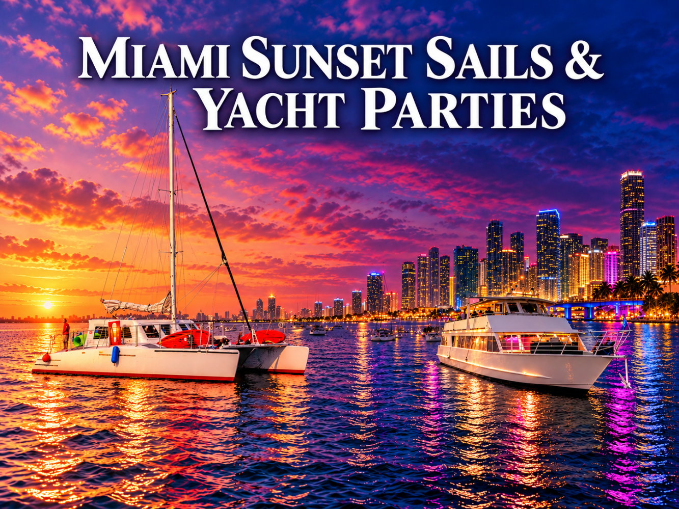 Sailboats on water at sunset with Miami skyline in background.