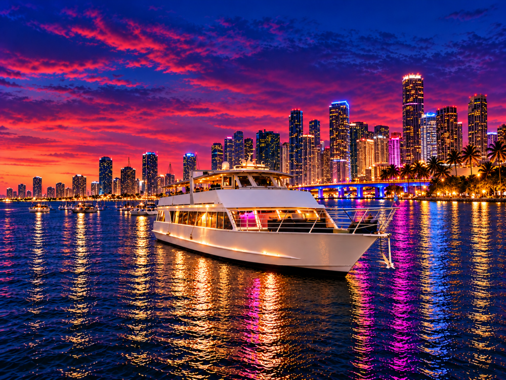 Luxury yacht on water with vibrant sunset and city skyline backdrop.