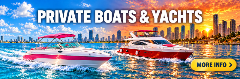Two private boats on water with city skyline; text reads 'PRIVATE BOATS & YACHTS'.
