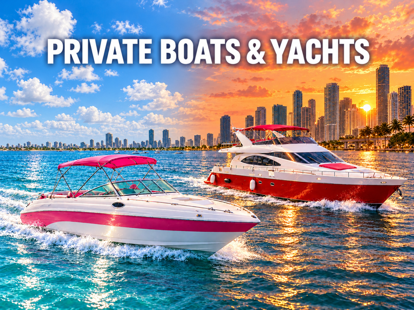 Two yachts on water with city skyline; text: Private Boats & Yachts.