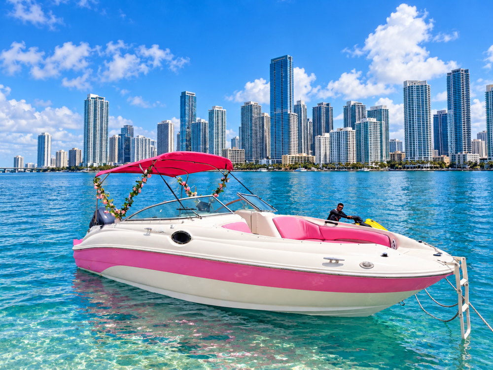 White and pink boat on water with city skyline in background.