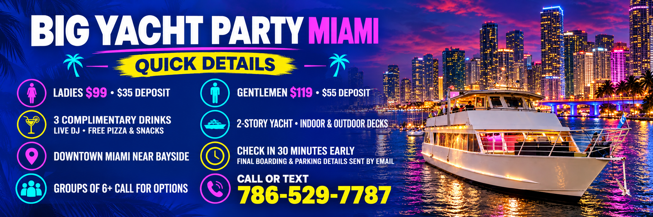 Nighttime yacht party graphic with Miami skyline and event details in bold text.