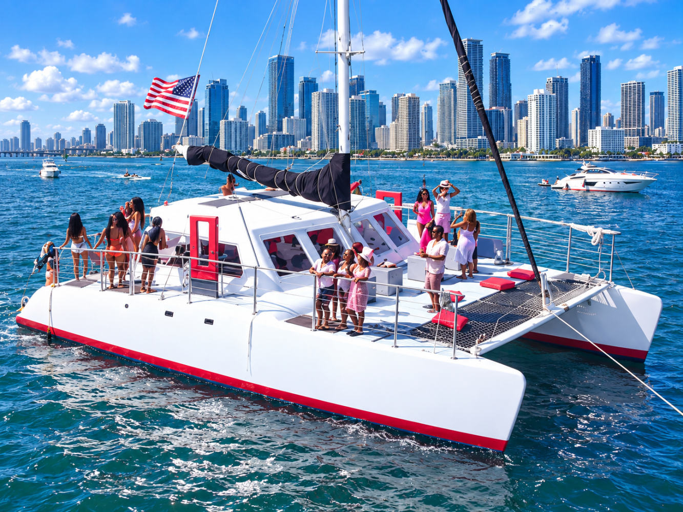 Catamaran with people on deck in water near city skyline, sunny day.