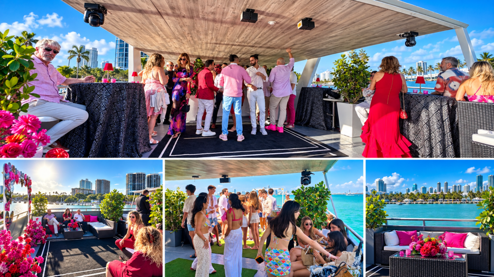 Outdoor party with people in vibrant outfits, palm trees, and ocean views.