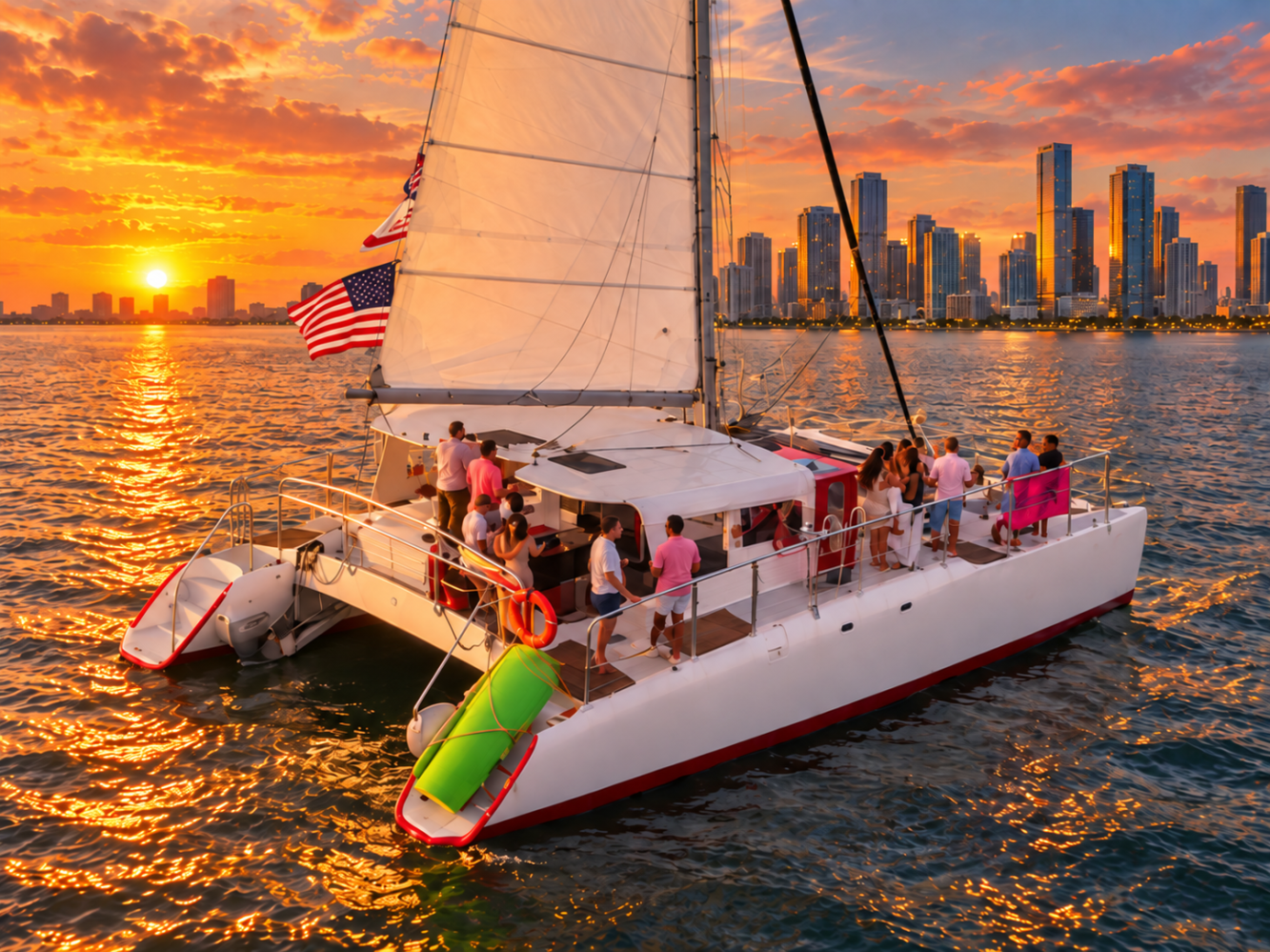 A catamaran with people at sunset, city skyline in background.