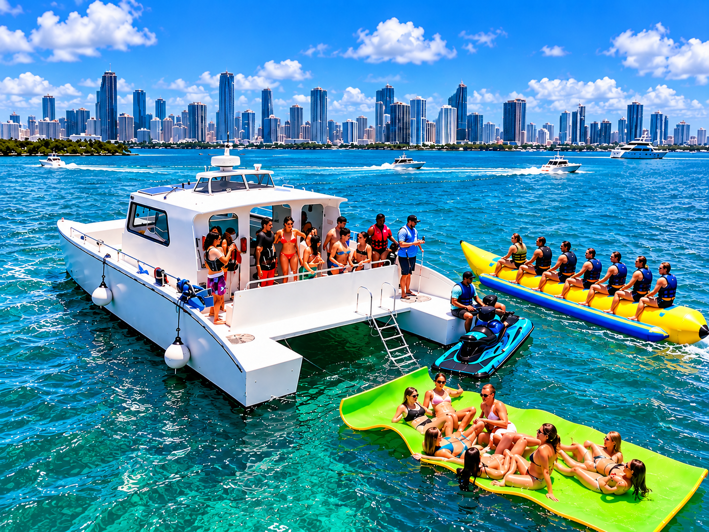 People on a boat and floats in blue water with city skyline in background.