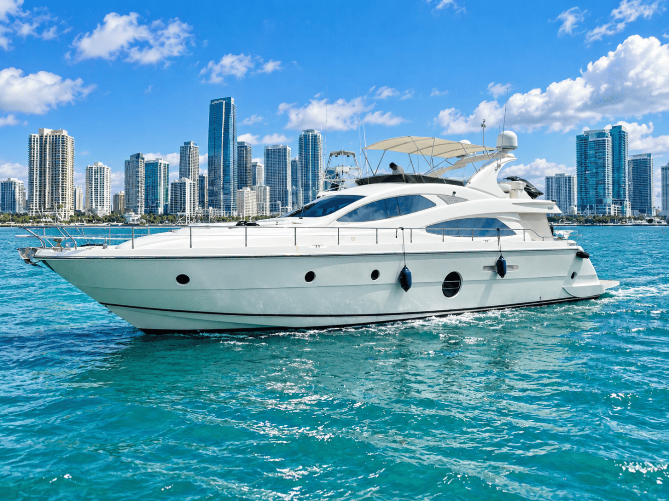 Luxury yacht on blue water with city skyline in the background under a cloudy sky.