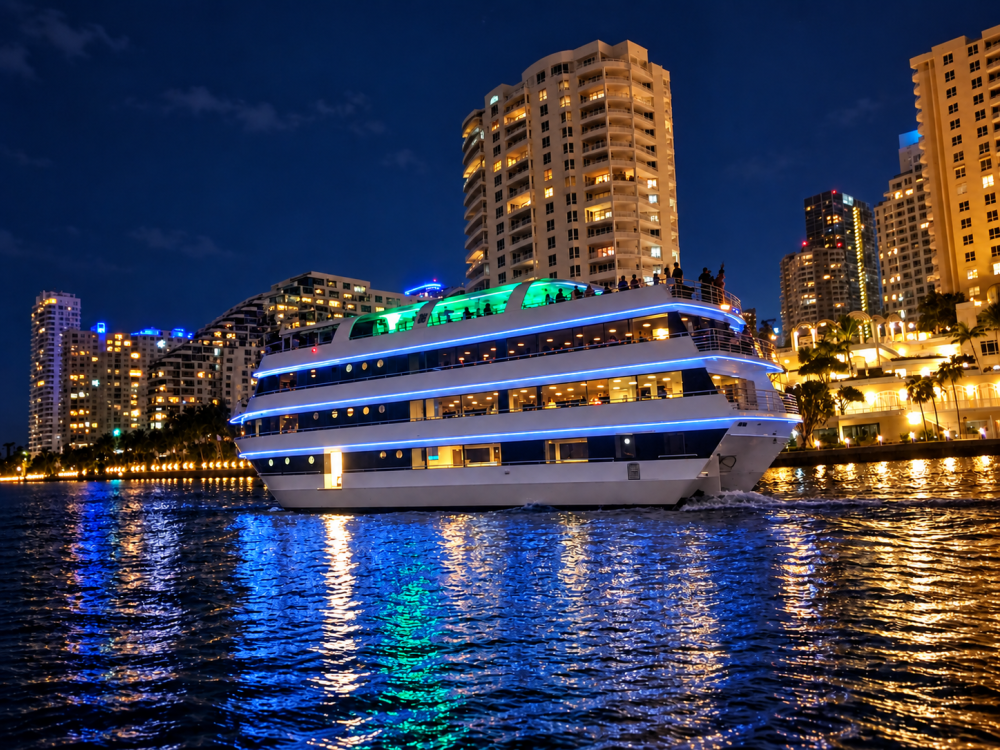 Illuminated boat on a river with city skyline at night.