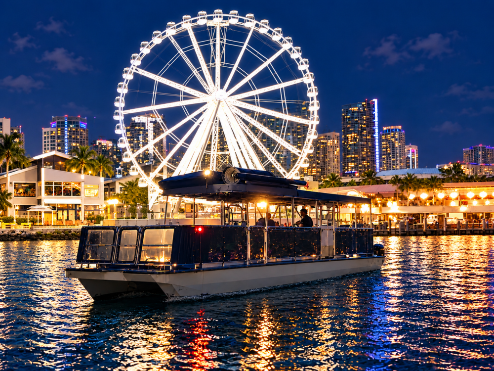 Boat on water with a lit-up Ferris wheel and city skyline at night.