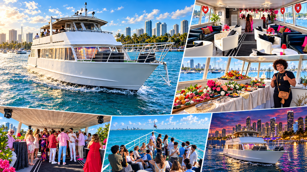 Collage of a Miami yacht partyt with people, city skyline, and buffet arrangements.
