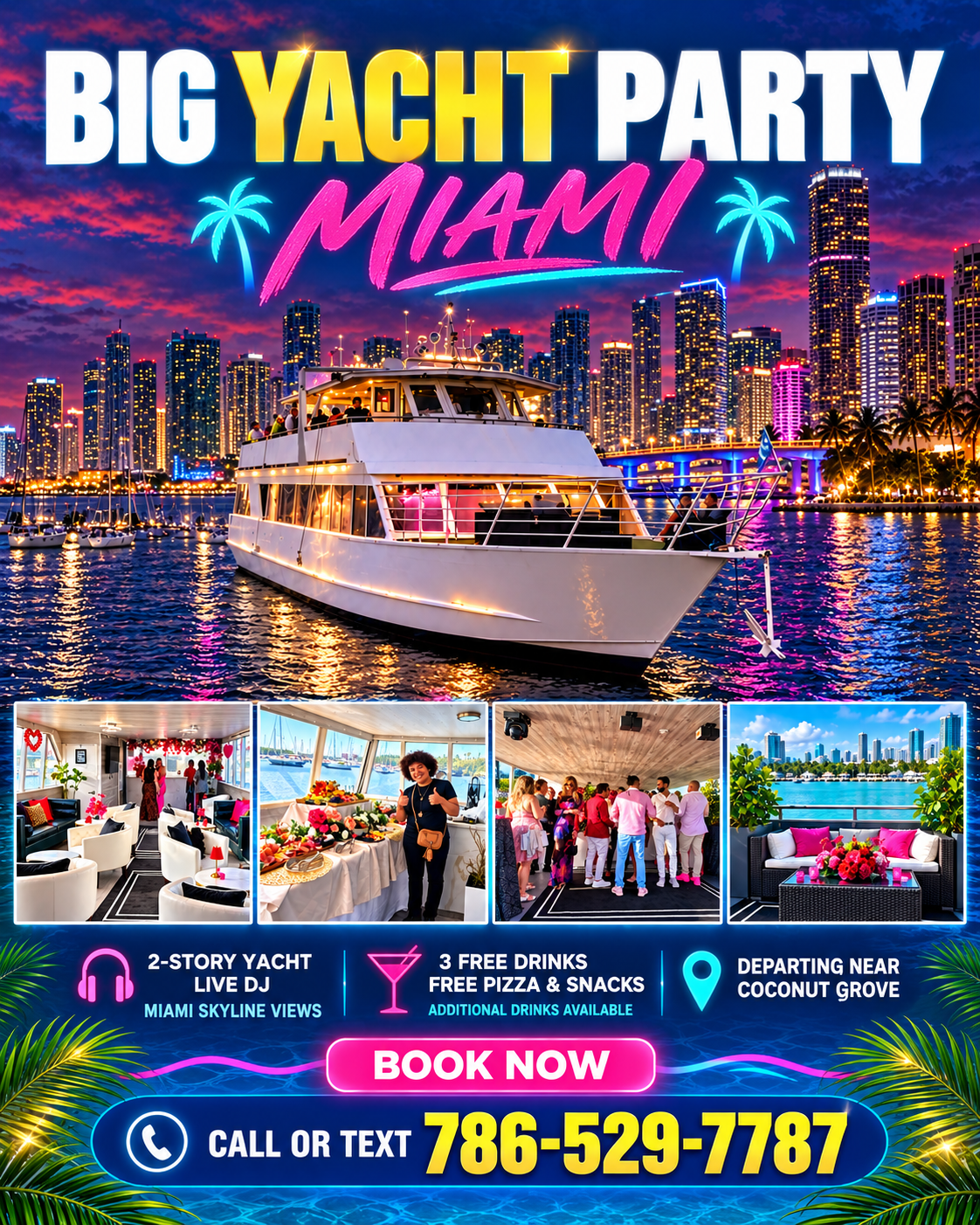 Colorful Miami yacht party flyer with Miami skyline, text, and contact info for booking.