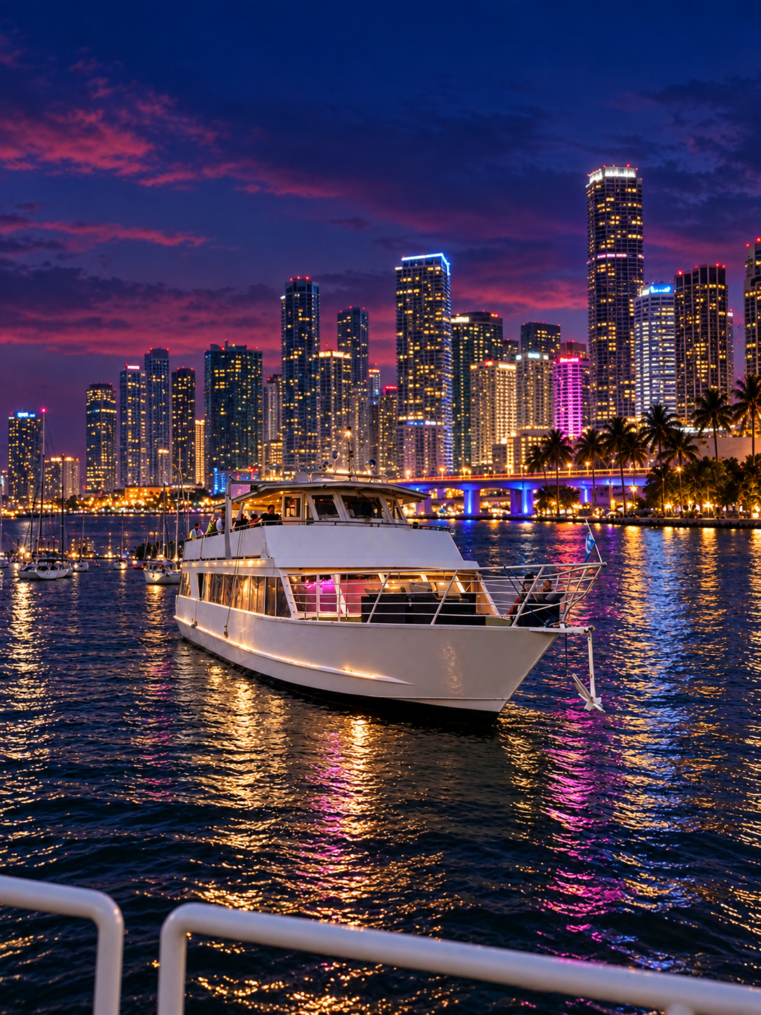 Boat on water with colorful city skyline at dusk.