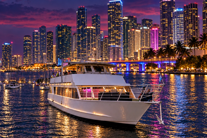 Boat on water with colorful city skyline at dusk.