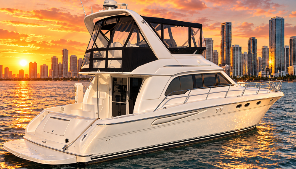 Luxurious yacht cruising at sunset with city skyline in background.