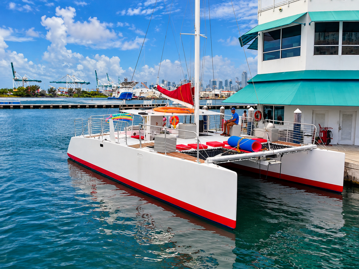 A catamaran docked by a building with a green roof, against a backdrop of cranes and ships.