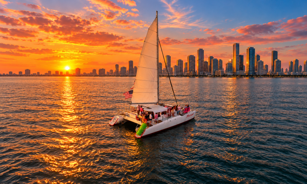 Sailboat on water at sunset with city skyline in the background.