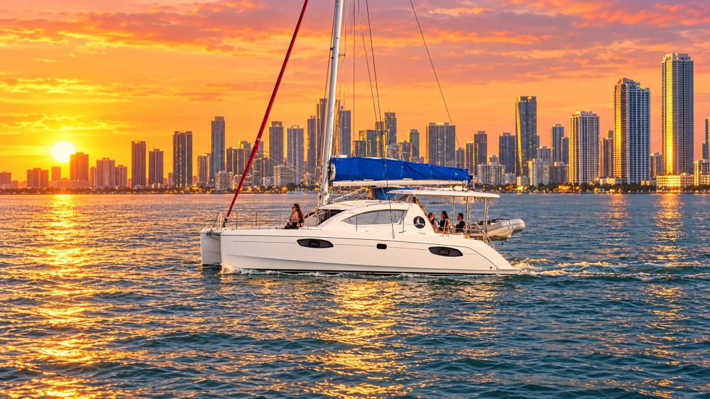 Catamaran sailing on water with city skyline and sunset in background.