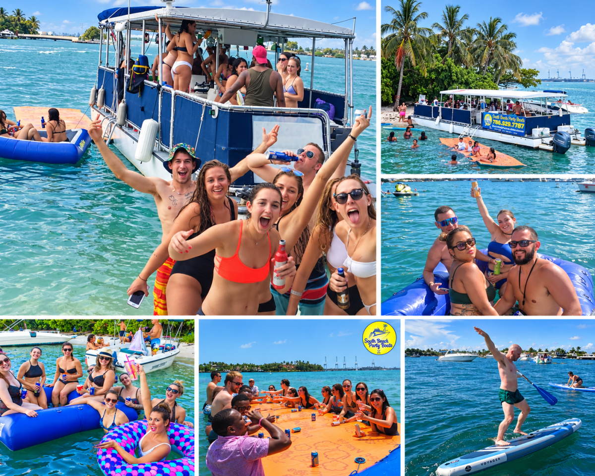 People enjoying a boat party with inflatables and paddleboards on a sunny day.