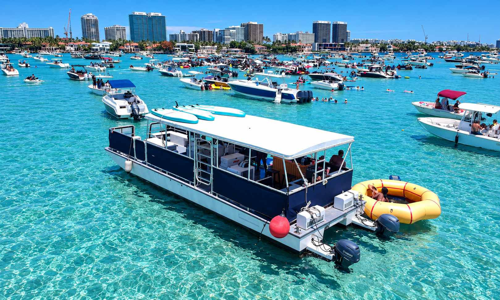 Boats anchored in clear blue water near a city skyline under a bright sky.