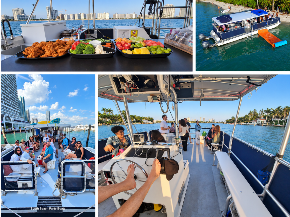 Collage: boat party with food, people relaxing on deck, and a view of the water.