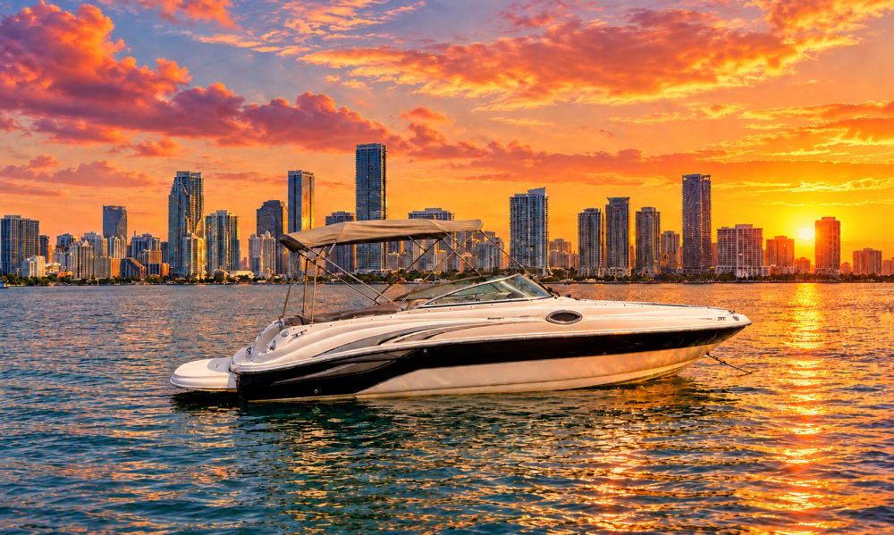 Boat on water with city skyline and vibrant sunset in the background.