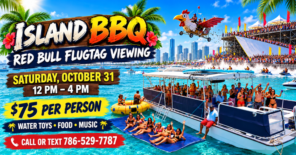 Island BBQ flyer with boats on water, price details, date, and event information.