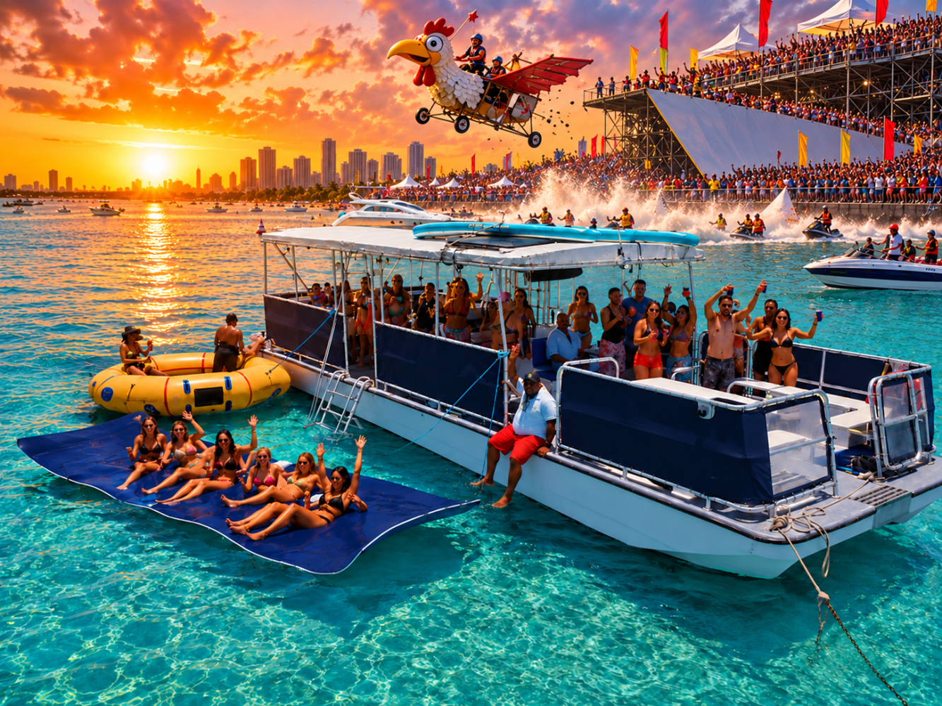 People on boats watch a flying contraption in a lively beach event during sunset.
